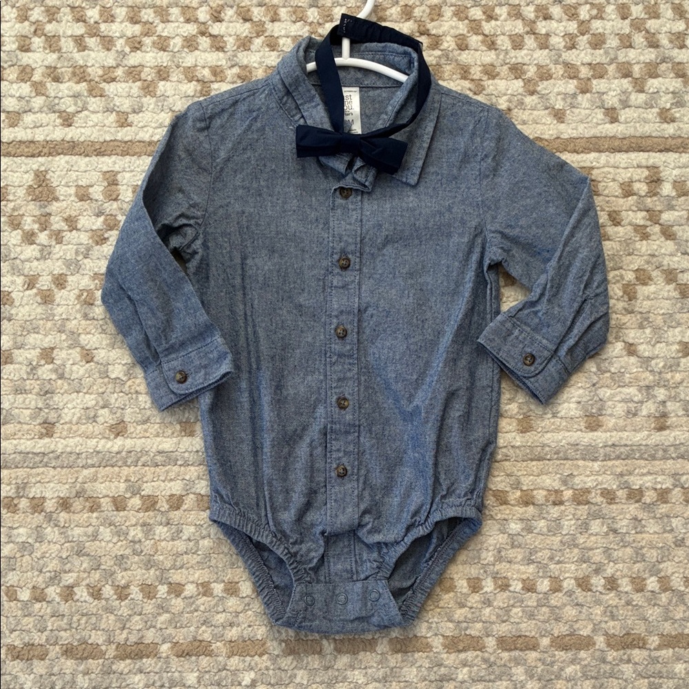 18 Month Long Sleeve Denim Button-Up Onesie with Bow Tie
